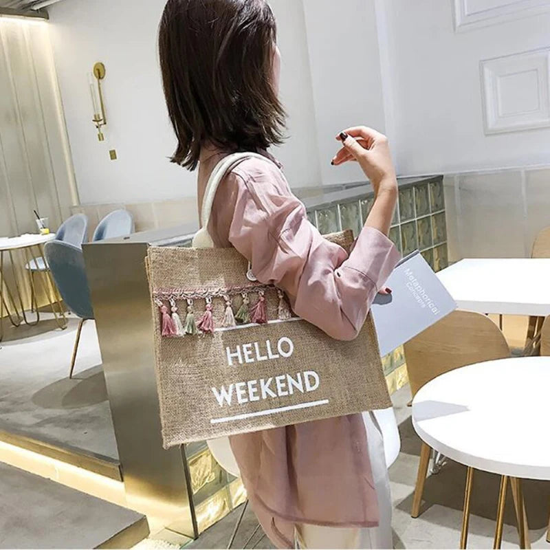Large Capacity Letter Linen Totes Lady Tassel Shoulder Bag