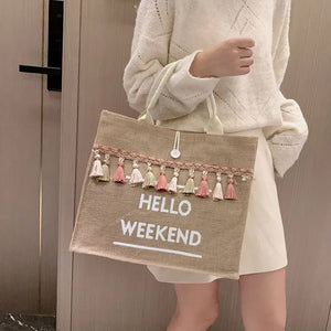 Large Capacity Letter Linen Totes Lady Tassel Shoulder Bag