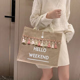 Large Capacity Letter Linen Totes Lady Tassel Shoulder Bag