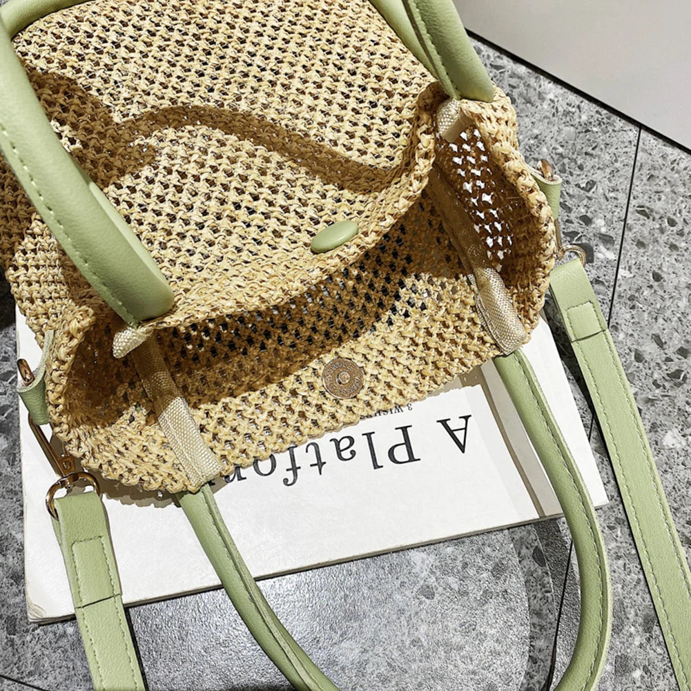Women Straw Shoulder Bags Beach Holiday Woven Handbag Hollow Leather