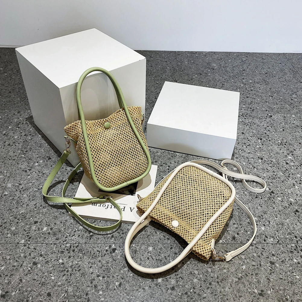Women Straw Shoulder Bags Beach Holiday Woven Handbag Hollow Leather