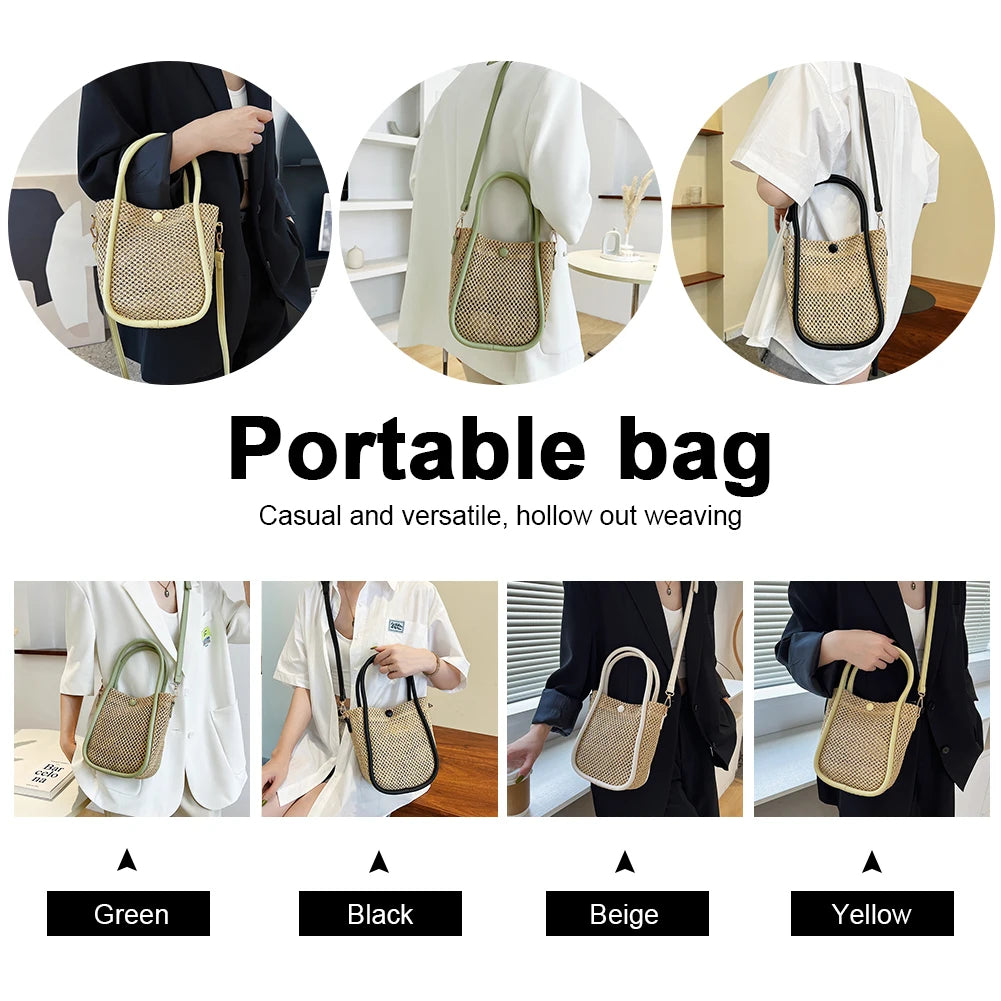 Women Straw Shoulder Bags Beach Holiday Woven Handbag Hollow Leather