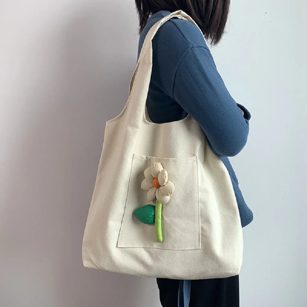 Floral Pattern Canvas Shopping Bag for Women - Large Tote