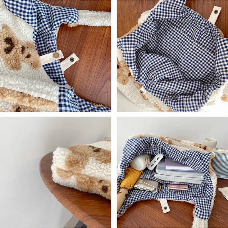 Women Lamb Like Fabric Shoulder Tote Bag Canvas Fluffy Fur Bear Handbags