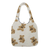 Women Lamb Like Fabric Shoulder Tote Bag Canvas Fluffy Fur Bear Handbags
