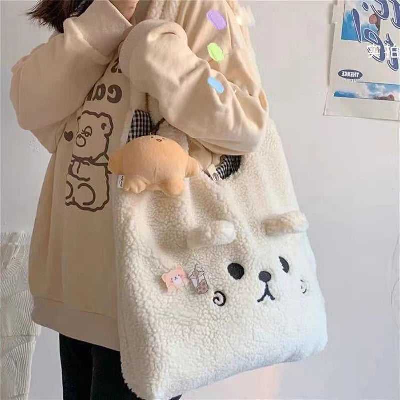 Soft Lamb Fabric Shoulder Tote Bag Fluffy Fur Bear Handbag