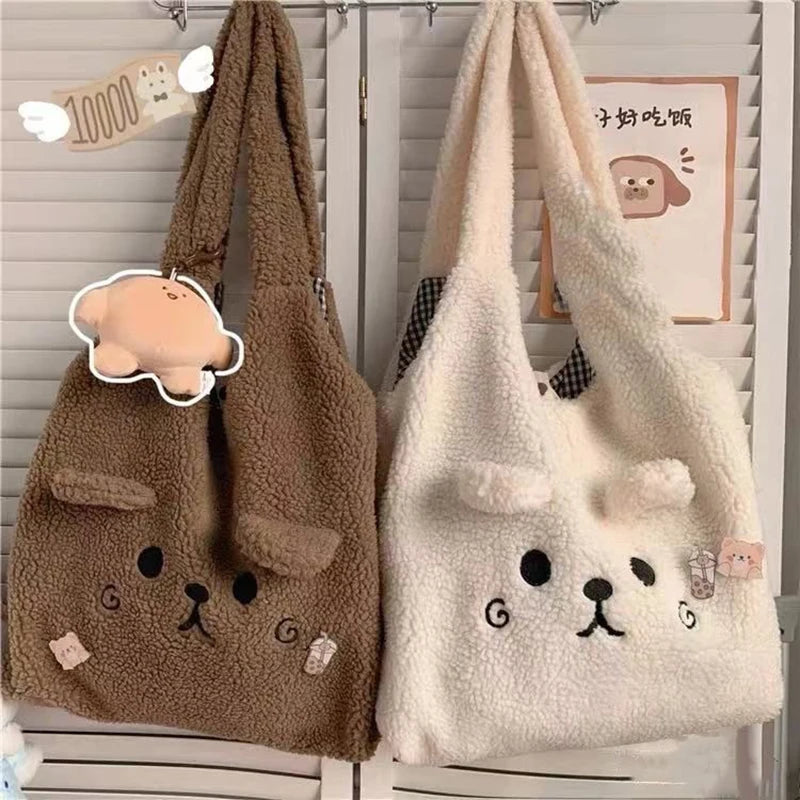 Soft Lamb Fabric Shoulder Tote Bag Fluffy Fur Bear Handbag