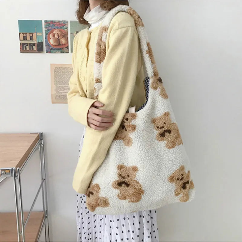 Women Lamb Like Fabric Shoulder Tote Bag Canvas Fluffy Fur Bear Handbags