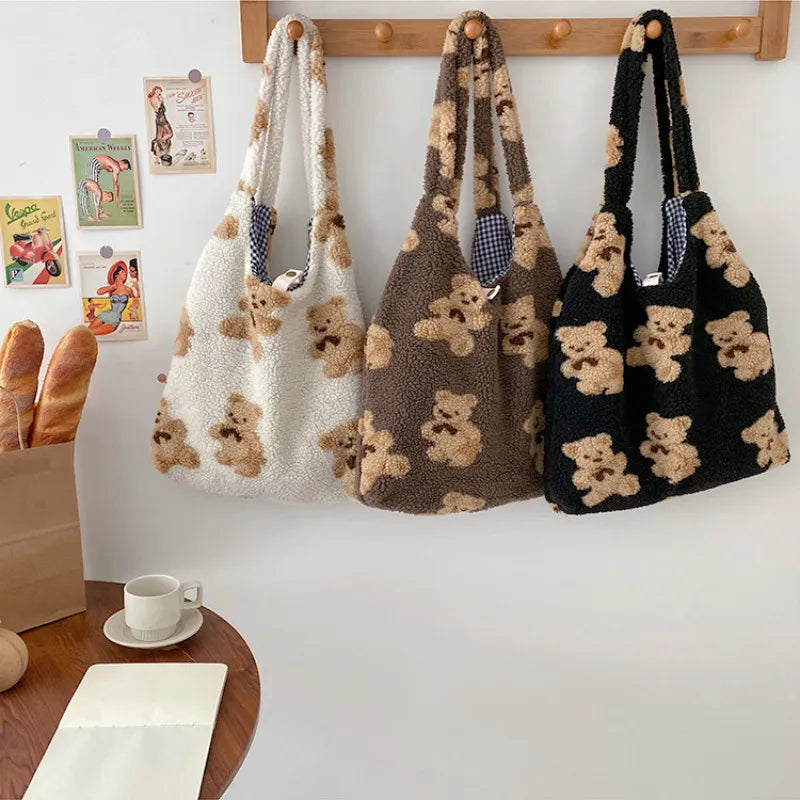 Women Lamb Like Fabric Shoulder Tote Bag Canvas Fluffy Fur Bear Handbags