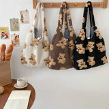 Women Lamb Like Fabric Shoulder Tote Bag Canvas Fluffy Fur Bear Handbags