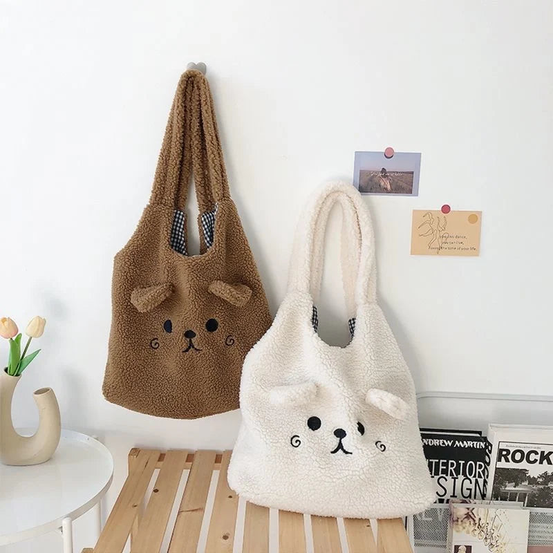 Soft Lamb Fabric Shoulder Tote Bag Fluffy Fur Bear Handbag