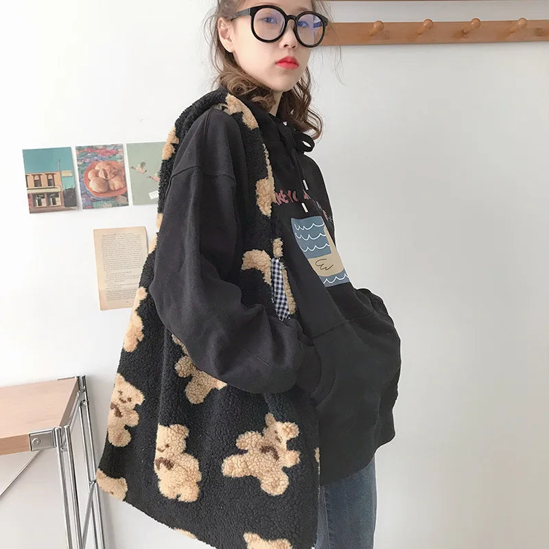 Women Lamb Like Fabric Shoulder Tote Bag Canvas Fluffy Fur Bear Handbags