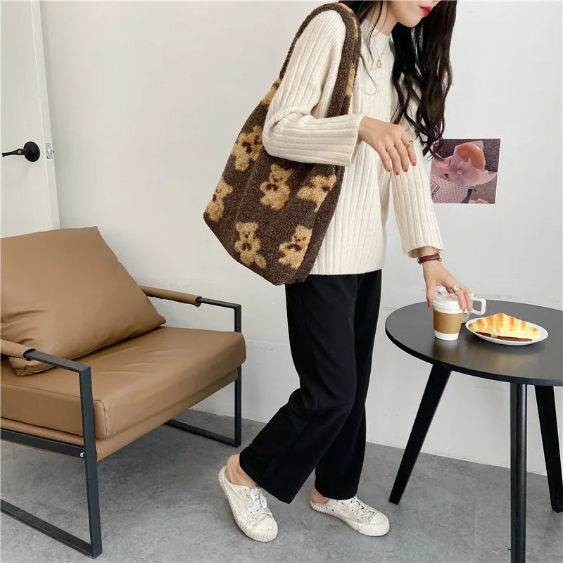 Fur Bear Handbag Canvas Large Capacity Soft Shopping Shoulder Bag
