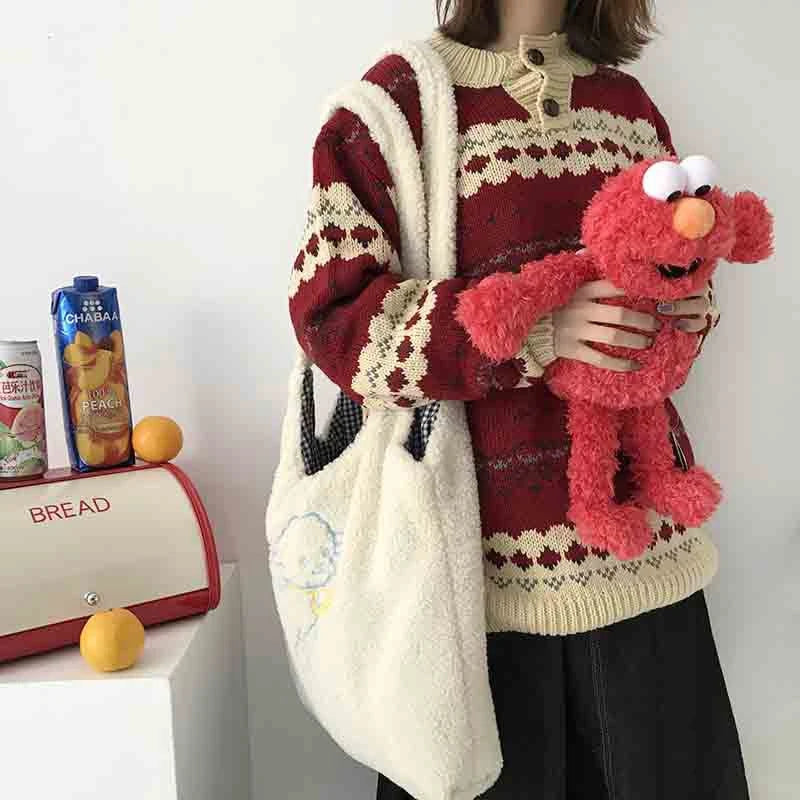 Women Fluffy Shoulder Tote Bag Canvas Handbags Large Capacity Soft Shopping Bag