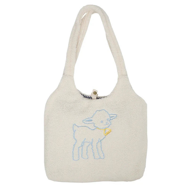 Women Fluffy Shoulder Tote Bag Canvas Handbags Large Capacity Soft Shopping Bag