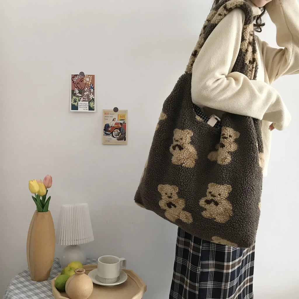 Fluffy Bear Tote Bag Canvas Handbag Soft Plush Shoulder Bag Large Capacity