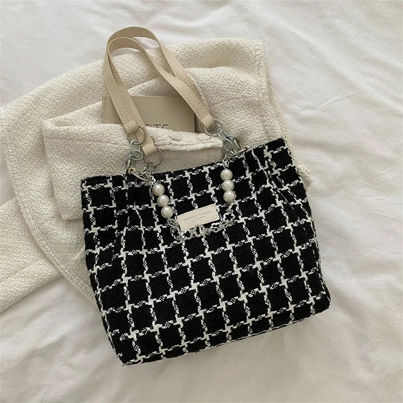 Large Capacity Shoulder Bag Contrasting Colors Plaid Tote Chain Beaded Canvas