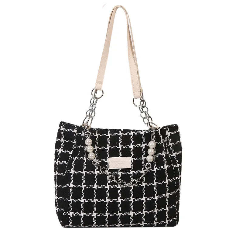 Large Capacity Shoulder Bag Contrasting Colors Plaid Tote Chain Beaded Canvas