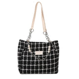 Large Capacity Shoulder Bag Contrasting Colors Plaid Tote Chain Beaded Canvas