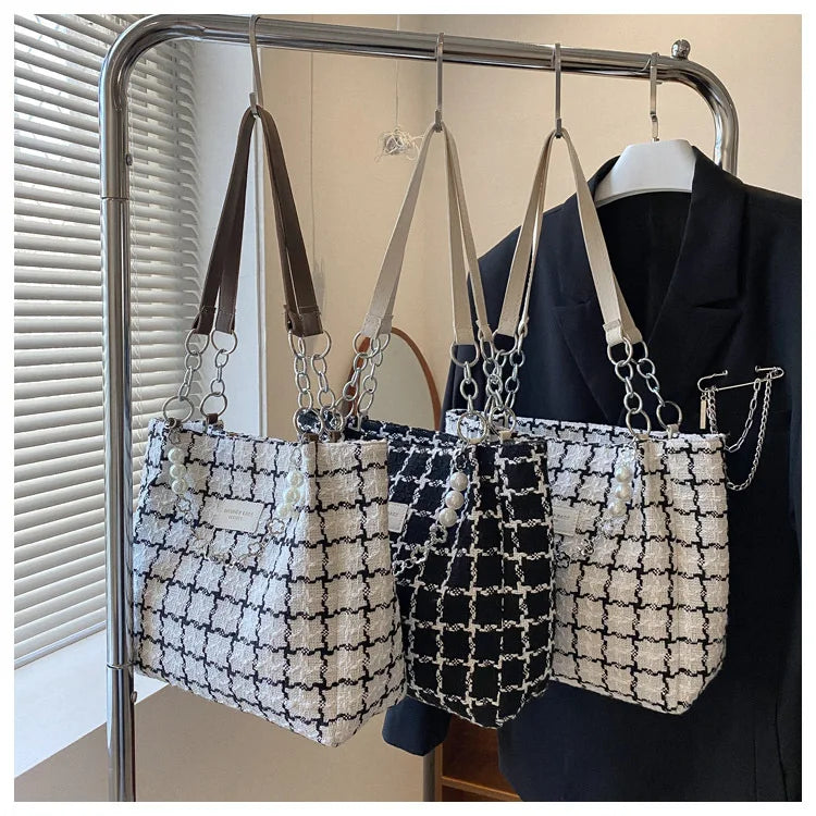 Large Capacity Shoulder Bag Contrasting Colors Plaid Tote Chain Beaded Canvas