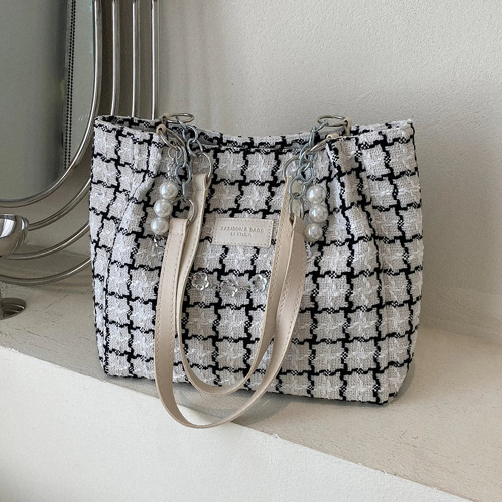 Large Capacity Shoulder Bag Contrasting Colors Plaid Tote Chain Beaded Canvas