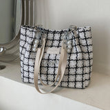 Large Capacity Shoulder Bag Contrasting Colors Plaid Tote Chain Beaded Canvas