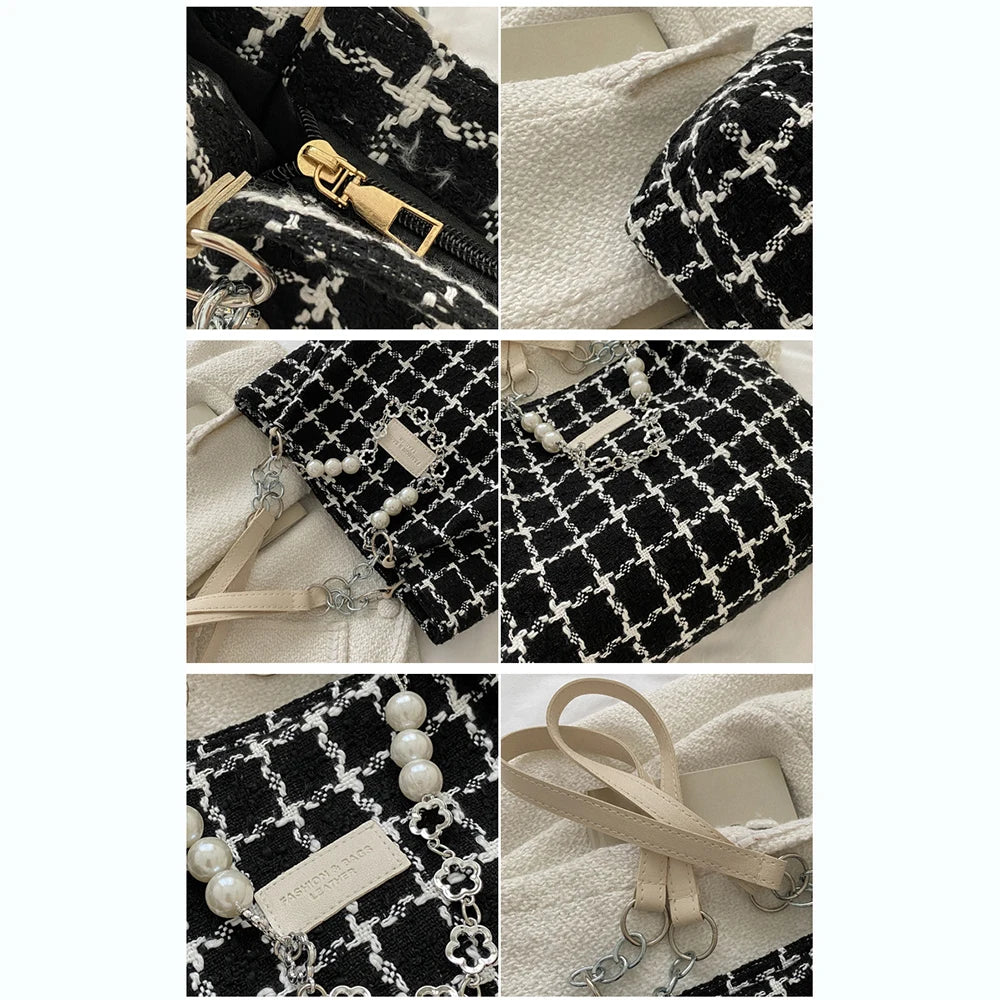 Large Capacity Shoulder Bag Contrasting Colors Plaid Tote Chain Beaded Canvas