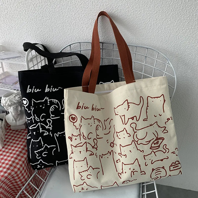 Cartoon Cat Canvas Tote Bag Large Shopper Bag with Zipper