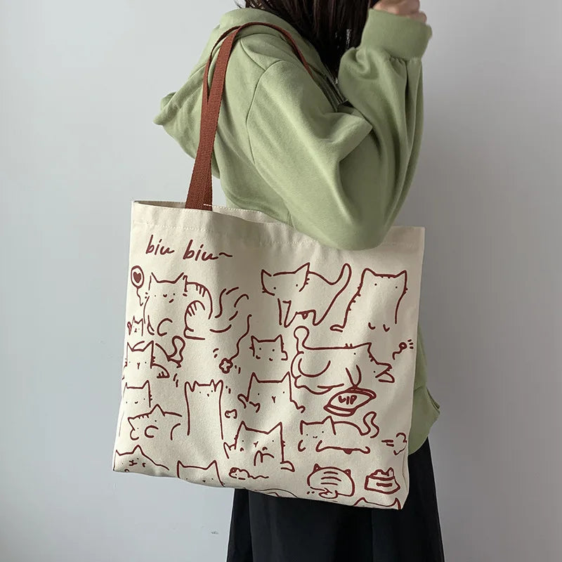 Cartoon Cat Canvas Tote Bag Large Shopper Bag with Zipper