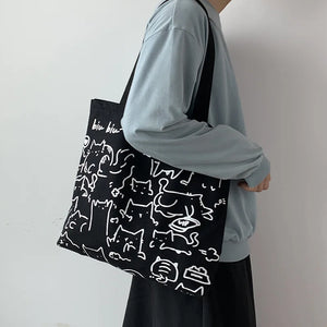 Cartoon Cat Canvas Tote Bag Large Shopper Bag with Zipper