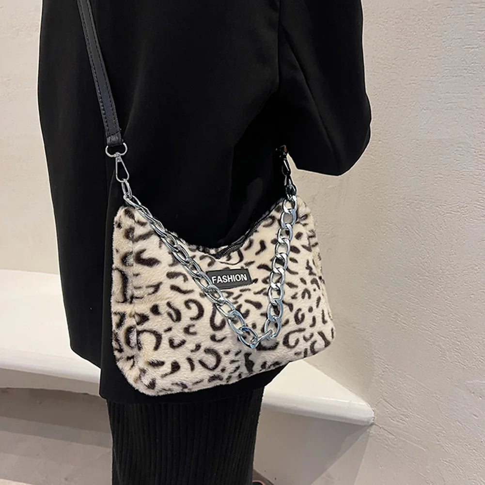 Leopard Print Plush Shoulder Bag Large Capacity Crossbody Messenger Bag