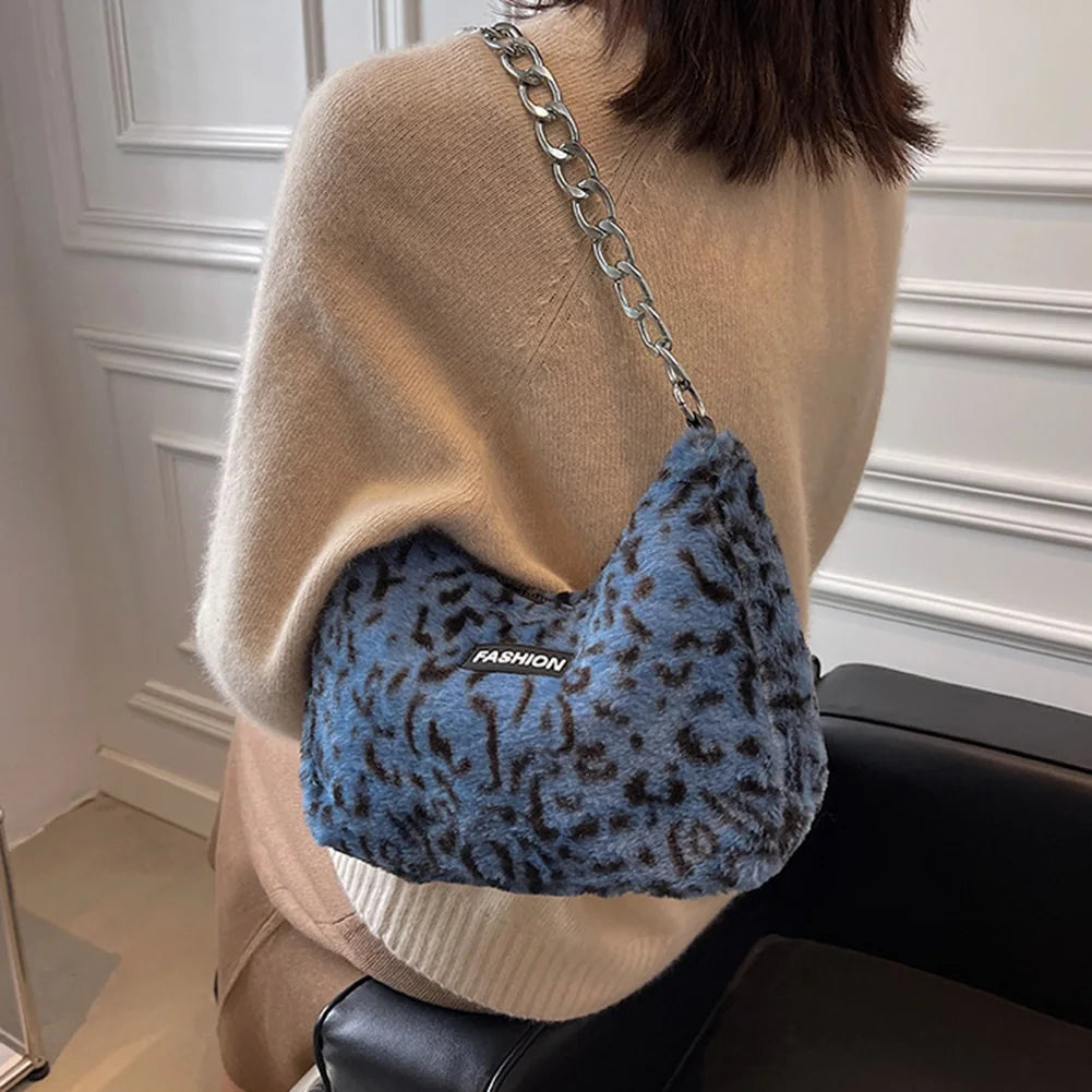 Leopard Print Plush Shoulder Bag Large Capacity Crossbody Messenger Bag