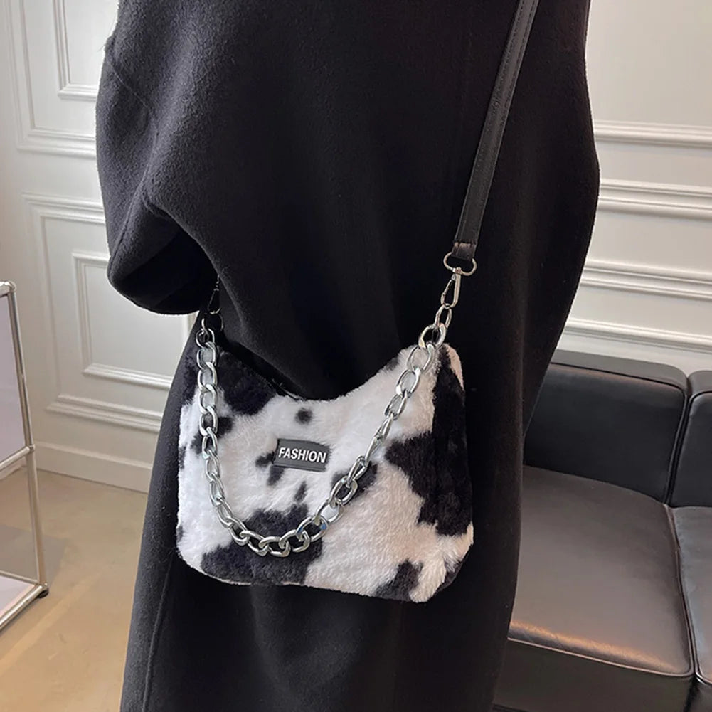 Leopard Print Plush Shoulder Bag Large Capacity Crossbody Messenger Bag