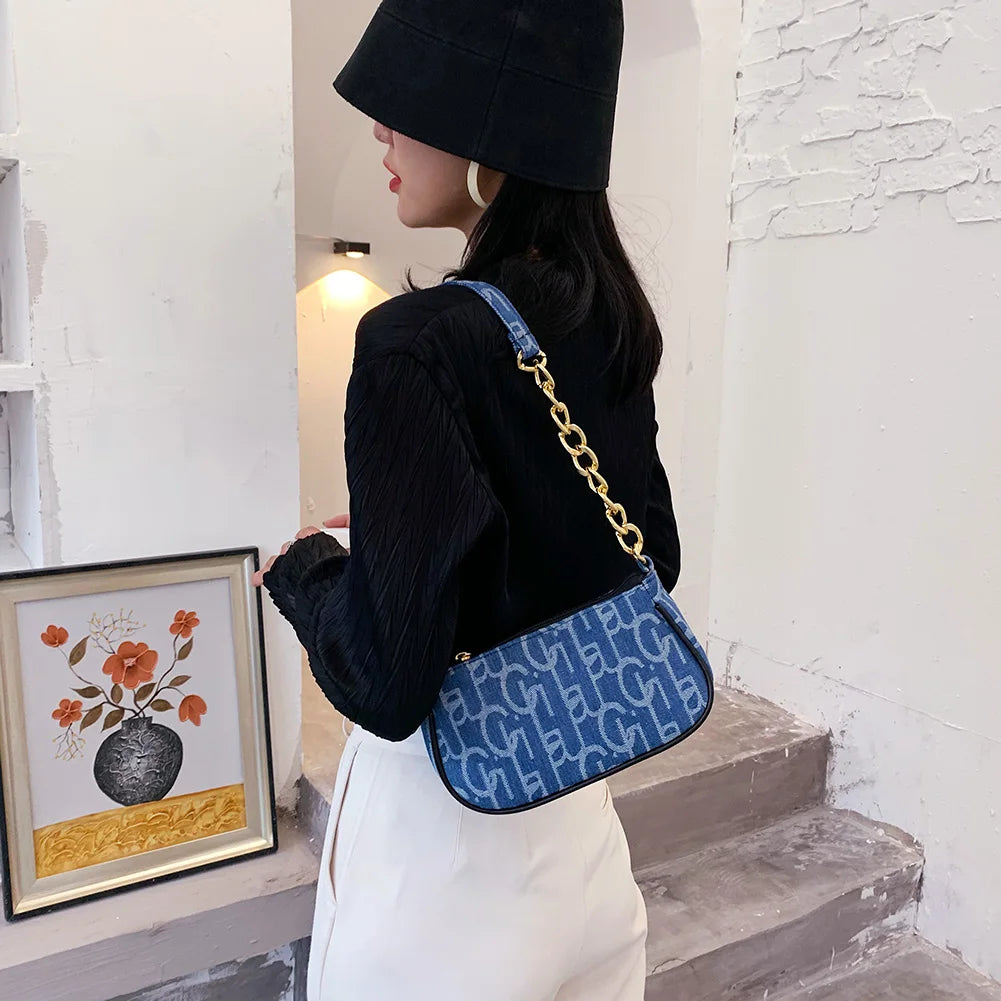 Women Letters Printing Denim Shoulder Bag Chain Small Purse Handbags