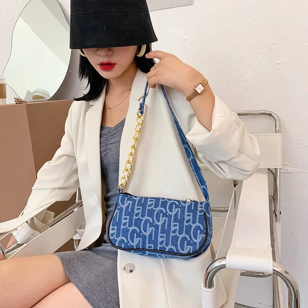 Women Letters Printing Denim Shoulder Bag Chain Small Purse Handbags