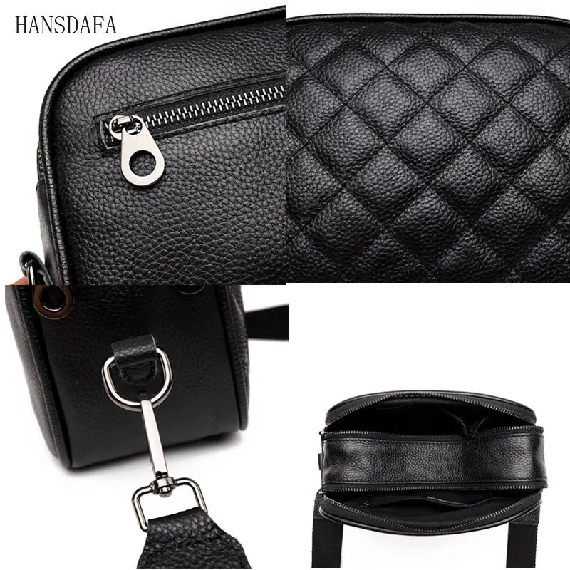 Woven Wide Strap Shoulder Bag Lozenge Leather Messenger Wallet