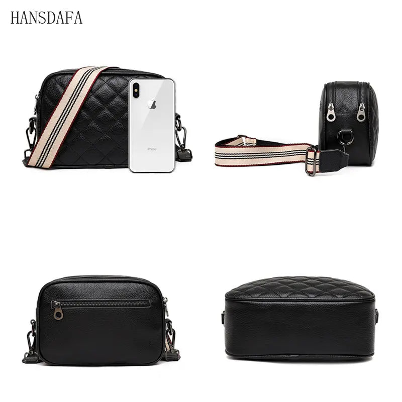 Woven Wide Strap Shoulder Bag Lozenge Leather Messenger Wallet