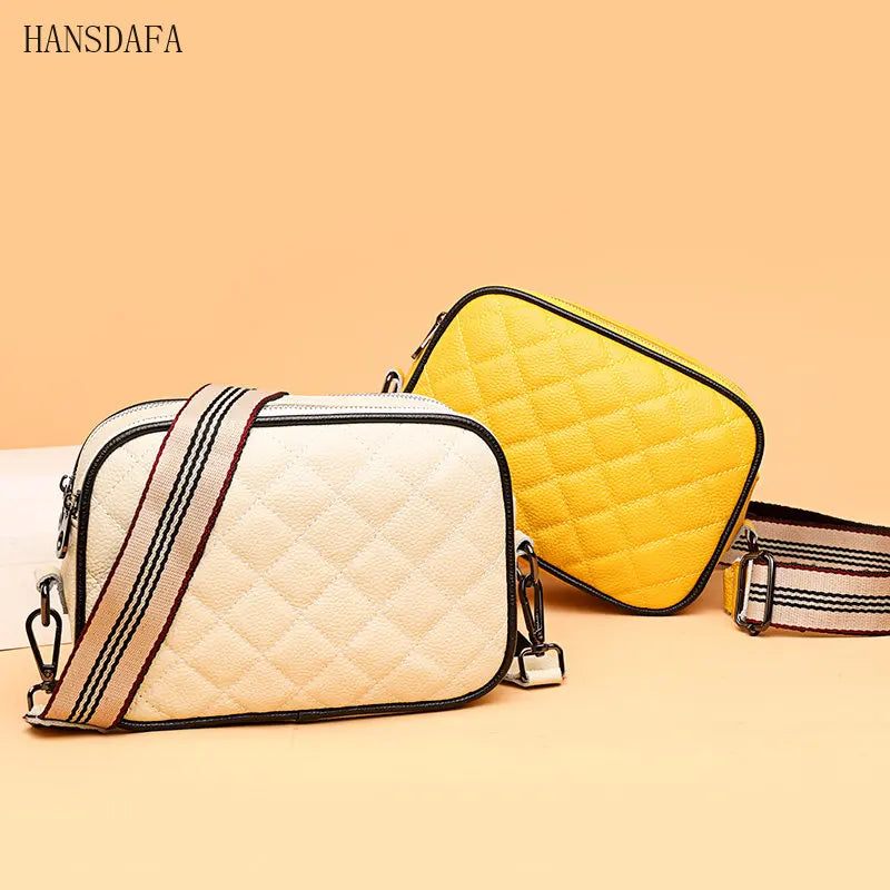Woven Wide Strap Shoulder Bag Lozenge Leather Messenger Wallet