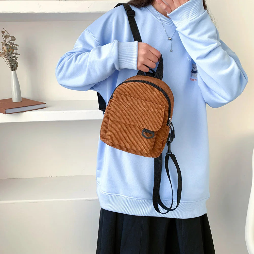 Mini Corduroy Backpack Preppy Style Girl Autumn Winter Small School Bag