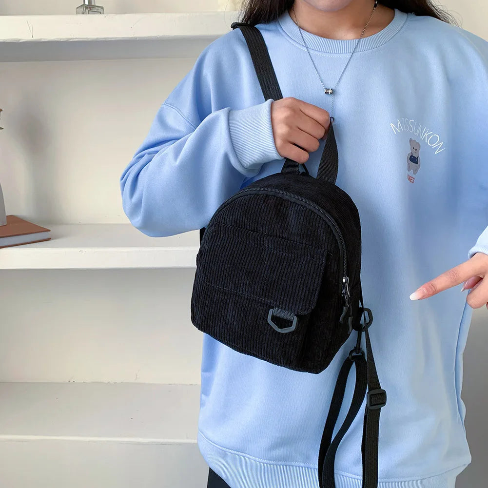 Mini Corduroy Backpack Preppy Style Girl Autumn Winter Small School Bag