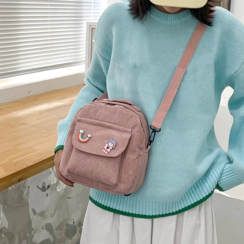 Corduroy Crossbody Backpack Preppy Style Student Small School Shoulder Bag