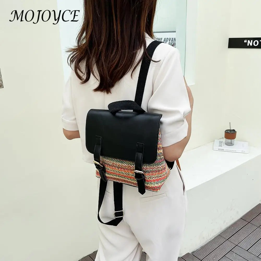 Women Multi-Function Backpack Straw PU Leather School Bag