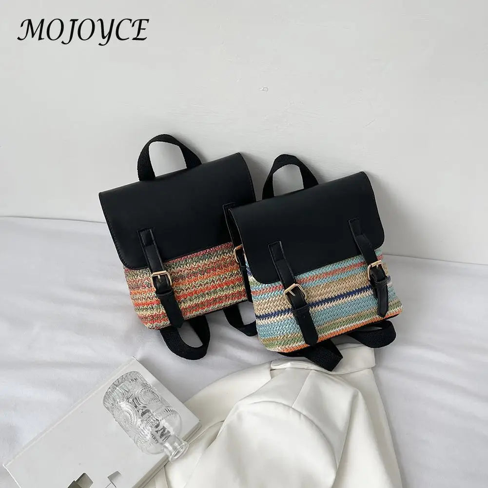 Women Multi-Function Backpack Straw PU Leather School Bag