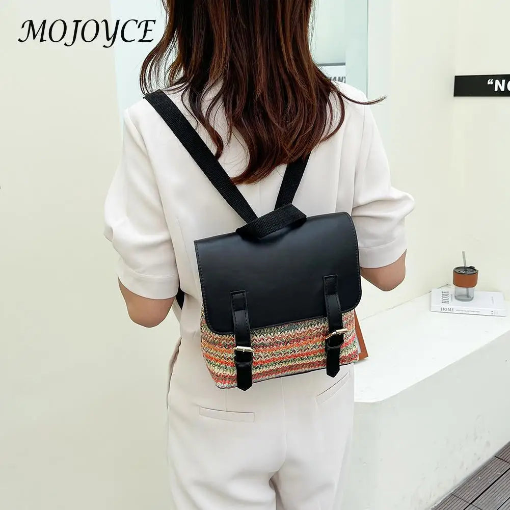 Women Multi-Function Backpack Straw PU Leather School Bag