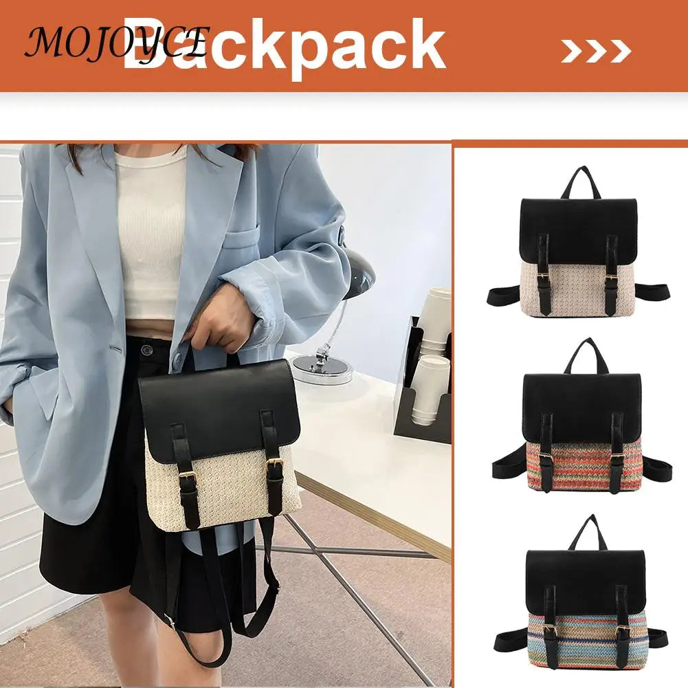 Women Multi-Function Backpack Straw PU Leather School Bag