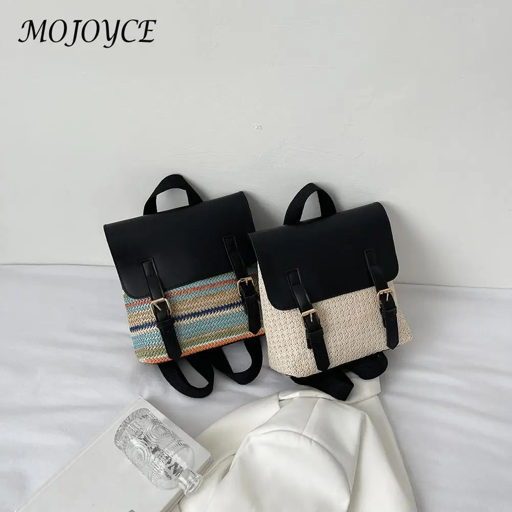 Women Multi-Function Backpack Straw PU Leather School Bag