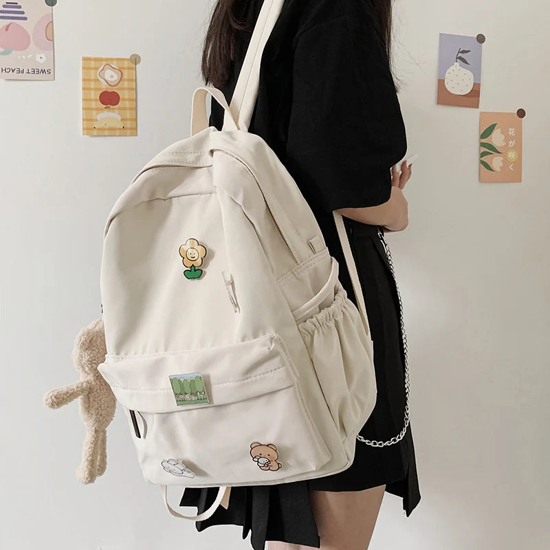 Women Nylon Backpack Bear Female Student College School Bag Badge