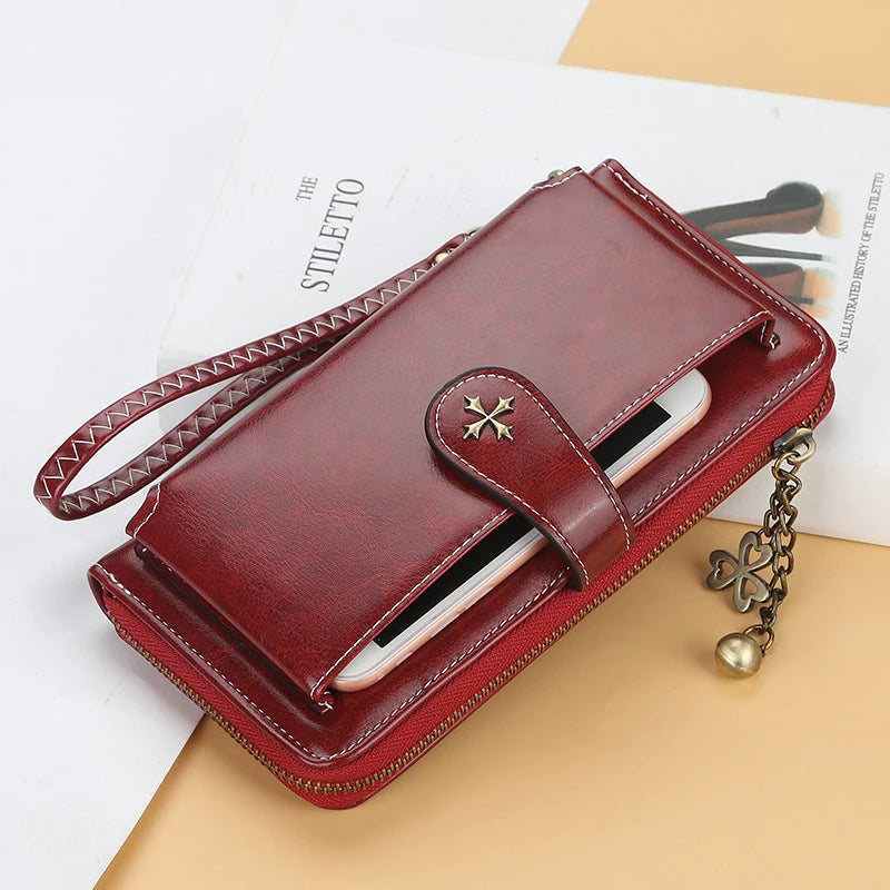 Women Oil wax Leather Tassel Wallet Long Phone Purses Card Capacity Clutch