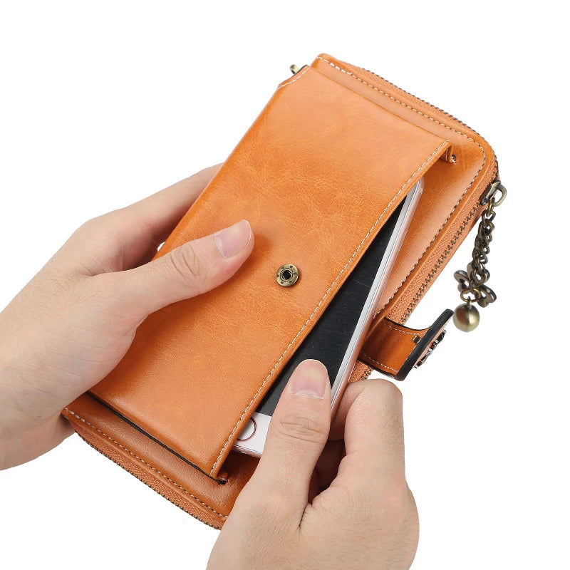 Women Oil wax Leather Tassel Wallet Long Phone Purses Card Capacity Clutch