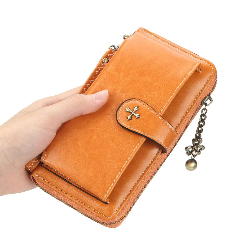 Women Oil wax Leather Tassel Wallet Long Phone Purses Card Capacity Clutch